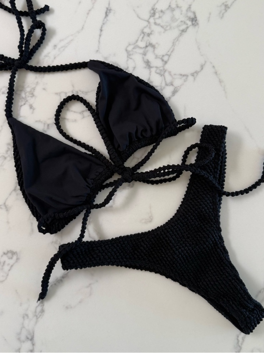 Pukai Swim Triangle Top & Thong Bottoms Crinkle Bikini SET - Black - Size Medium - Picture 4 of 8
